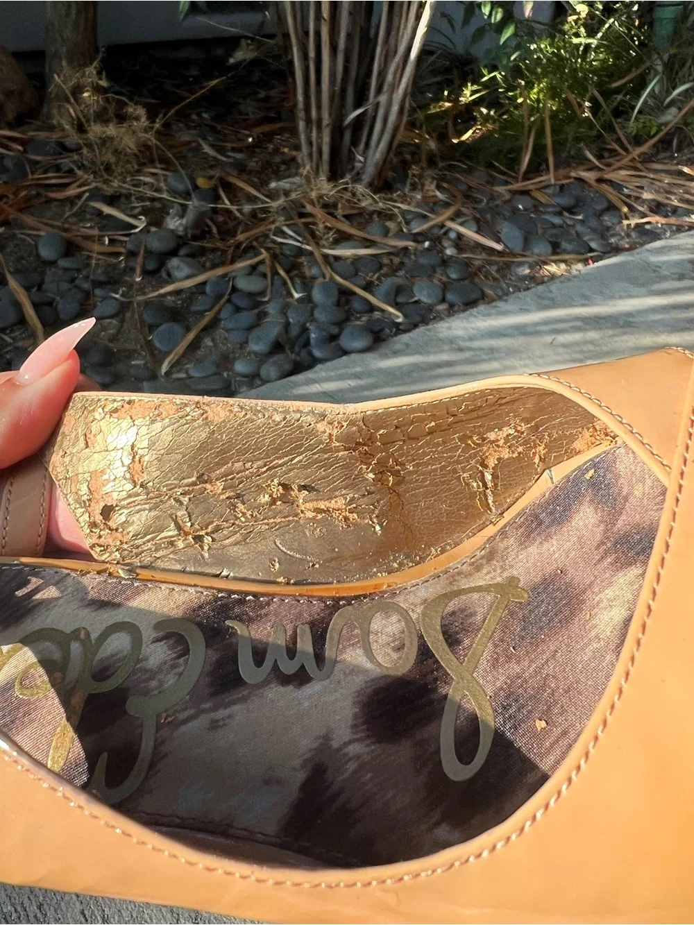 Vintage Sam Edelman Tan patent leather Wedge Sandals - Open Toe Slingback